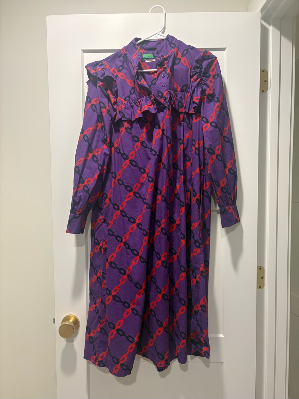 Clare V. Purple Long-Sleeve Maxi Dress with Red Chain Print